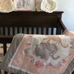Elephant and Floral Baby Quilt - Gray and Pink